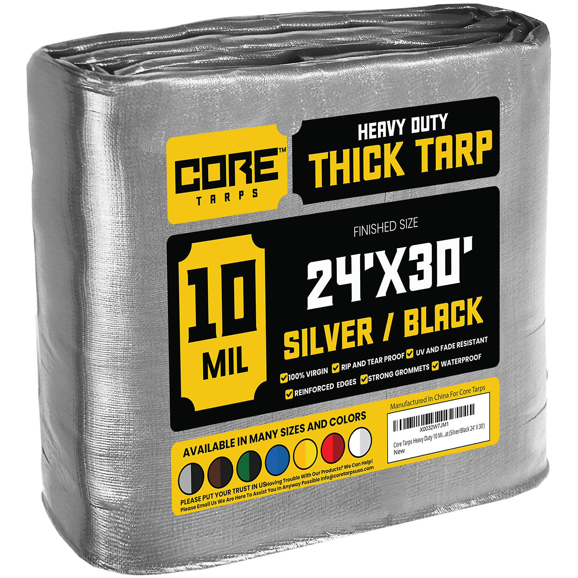 Core Tarps Heavy Duty Tarp Cover — 24ft. x 30ft., 10 Mil, Waterproof, UV Resistant, Rip and Tear Proof, Poly Tarpaulin, Silver/Black, Model# CT-601-24X30